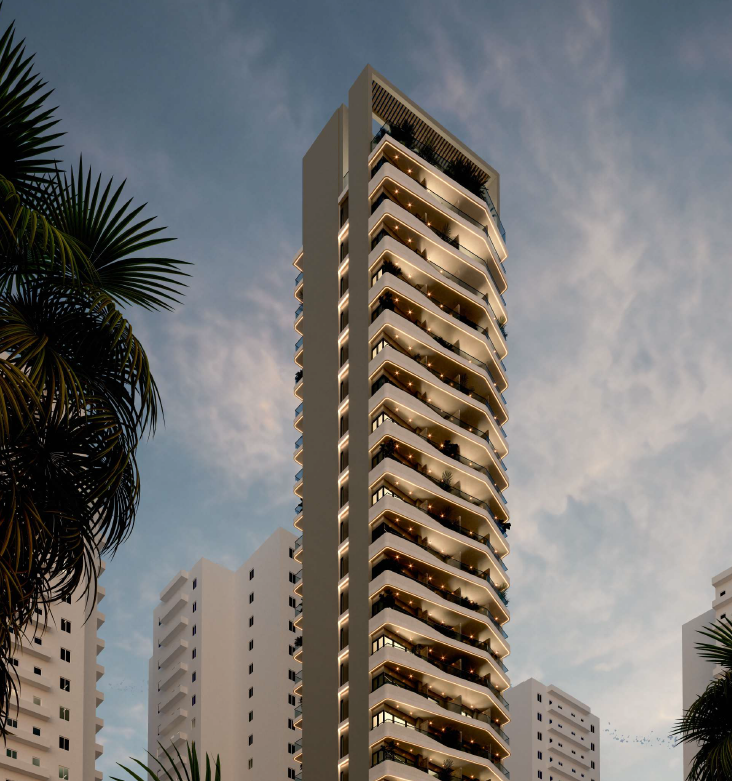 Murano Boulevard — fachada iluminada al atardecer