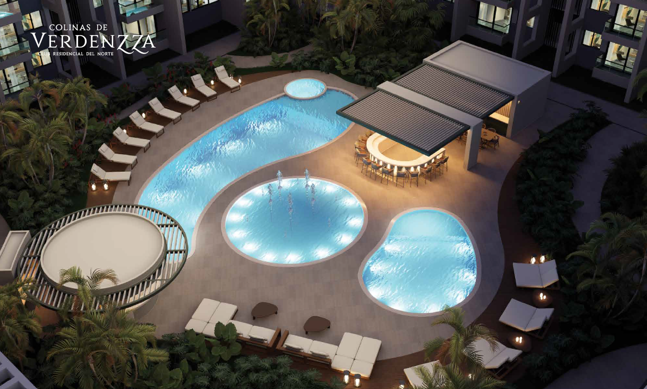 Verdenzza — zona de piscinas y bar del club residencial